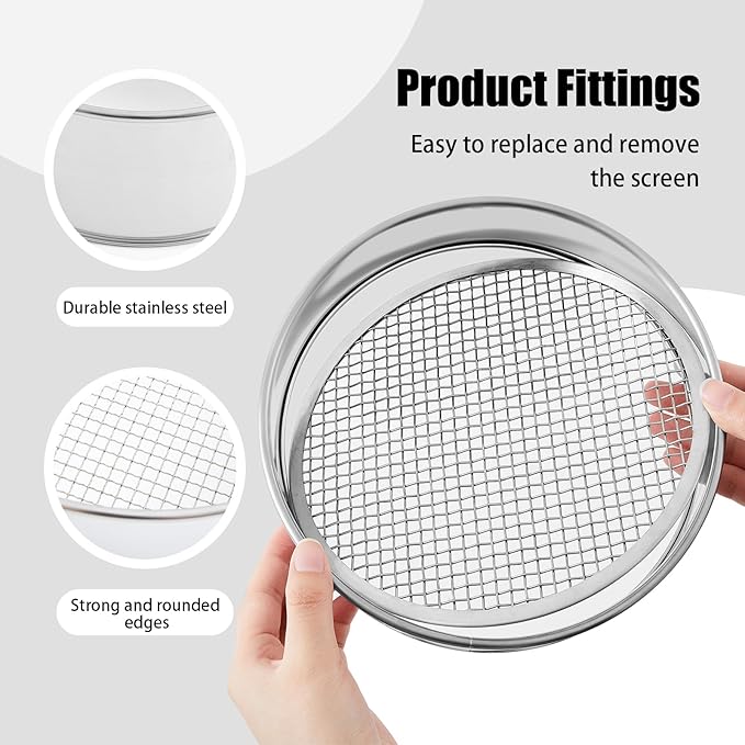Shimeyao 3 Pcs Soil Sifter Set with 9 Pcs Sieve Meshes 1/2/3/5/6/8/9/10/12 mm Interchangeable Sand Screen Stainless Steel Riddle for Gardening, Garden Sieve for Rock, Sand, Soil, Compost