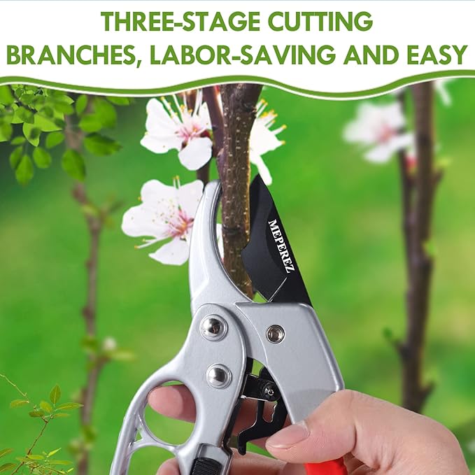 MEPEREZ Ultra Sharp Germany Steel Pruning Shears - Cuts 3X Easier, Weak Hand Arthritis Snips, Rust-Resistant, Effortlessly 1-Inch Cut Capacity Garden Scissors, Ergonomic Handle (Red)