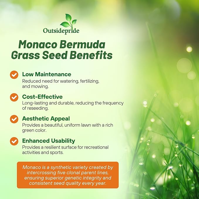 Outsidepride Monaco Bermuda Grass Seed - 2 lbs. Drought-Tolerant, Dense, Wear-Resistant Turf Grass Seeds for Lawn, Sports Fields, & High-Traffic Areas - Ideal for Warm-Season & Transition Zone Areas