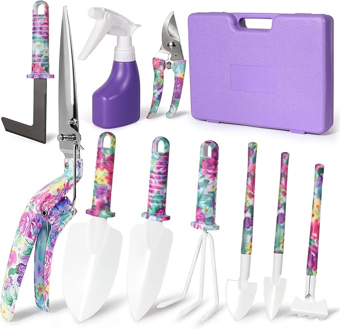 Gardening Gifts for Women for Mom Wife Grandma, 10 Pcs Gardening Supplies with Protable Case, Floral Print Garden Tools, Ergonomic Handle Trowel Rake Weeder Pruner Shears Sprayer
