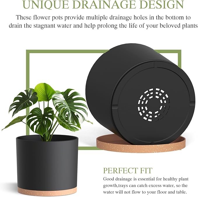 10/9/8 Inch Large Plant Pots with Drainage Holes and Trays, 3 Pack Modern Minimalist Cylinder Planters for Monstera, Snake Plant, Indoor Outdoor (Matte Black & Brown)