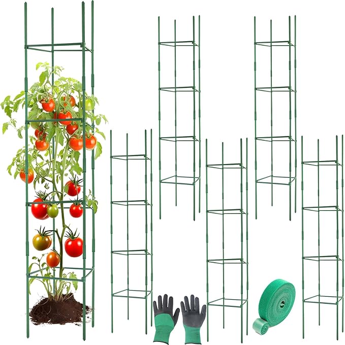 6Pack 12" Width Up to 63" Height Adjustable Square Tomato Cages for Garden, Plant Support Stakes for Climbing Vegetable, Tomatoe, Flower, with Twist Ties Snap-On Stake Arms