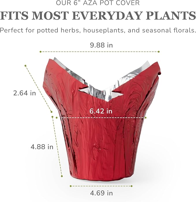6” AZA Plant Pot Covers, Decorative Plant Sleeve for Indoor & Outdoor House Plants, Reusable and Gift-Ready Foil Wrap for Flower Pots, Red Metallic, Pack of 5