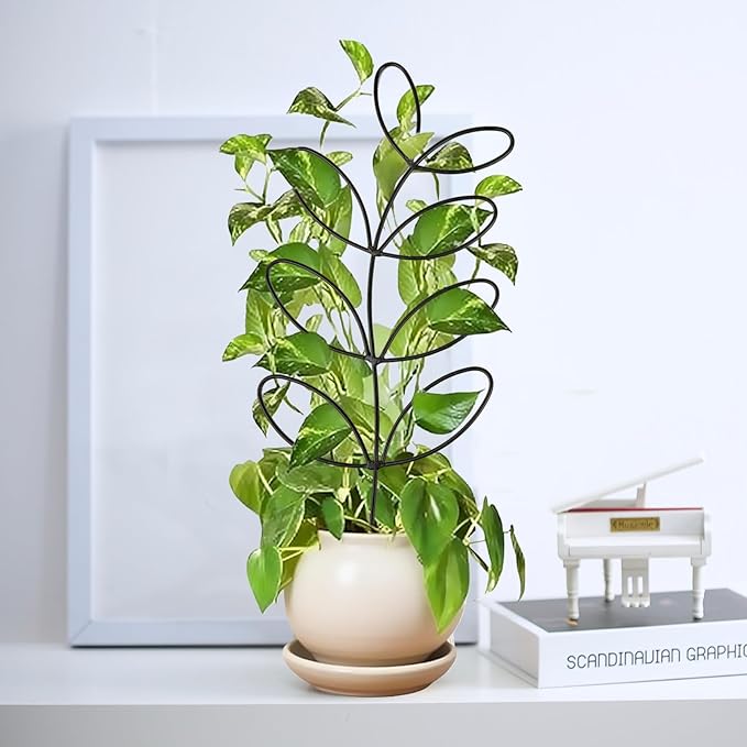 2 Pack 14.8 Inch Plant Trellis Indoor for Climbing Plants with 50 Plant Ties, Small Metal Garden Trellis for Potted Plants, Leaf Shaped Support for Ivy Hoya Pothos Monstera Houseplants