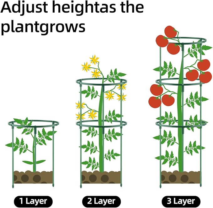24 PCS Plant Support Stakes, Stackable 3 Tier Garden Flower Support, Half Round Plant Stakes, Tomato Cages, Trellis Support Rings for Climbing Plants Vegetables Flowers Fruits