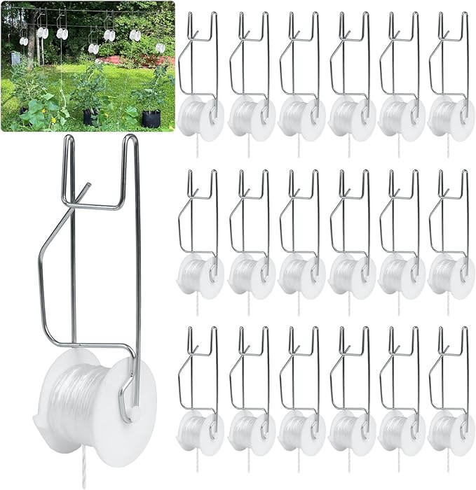 Tomato Support Hooks with String,10 Pack Tomato Trellis Roller Hooks with 49.2FT String for Plant,Greenhouse Tomato Flower Vine Twine Crop Trellis Kit Tomato Plant Roller Hook
