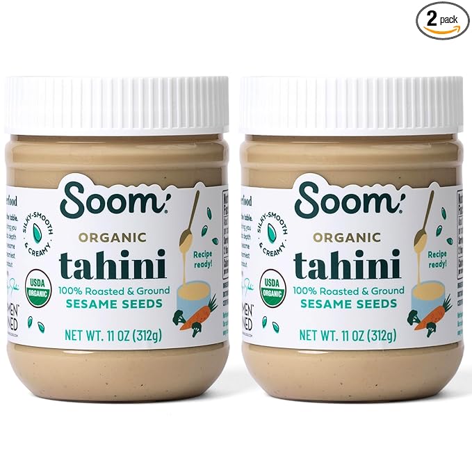 Soom Foods Organic Tahini 11oz (2 Pack) | Roasted & Ground Sesame Seed Paste | Creamy Tahini for Dubai Chocolate, Hummus, Sauces | Vegan, Nut-Free, Gluten-Free, Kosher, Keto, Paleo, Whole30