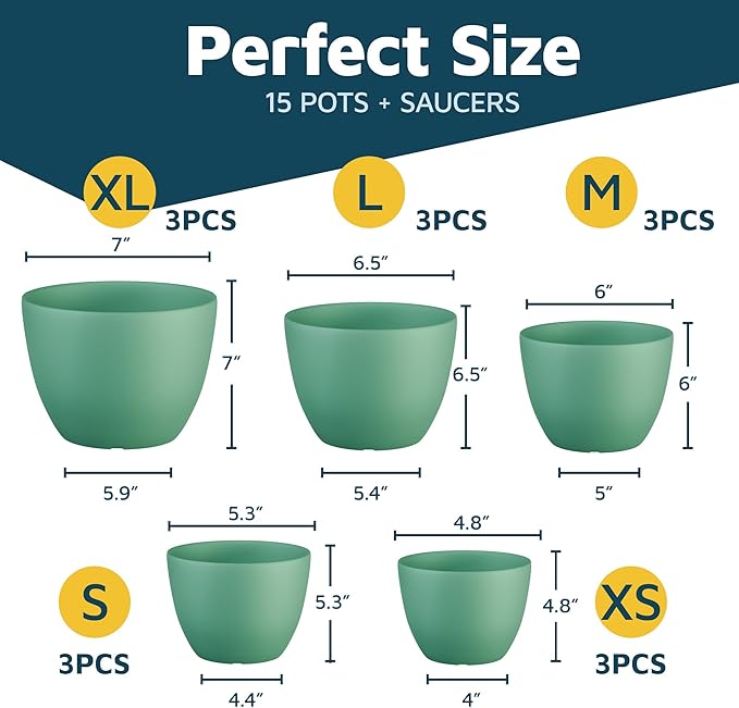 Mint Plant Pots with Drainage Holes & Saucers 15 Pack, Indoor & Outdoor Stackable Space-Saving Planters for Houseplants & Flowers, (7", 6.7", 6", 5.3", and 4.8" Inches), Durable & Weatherproof