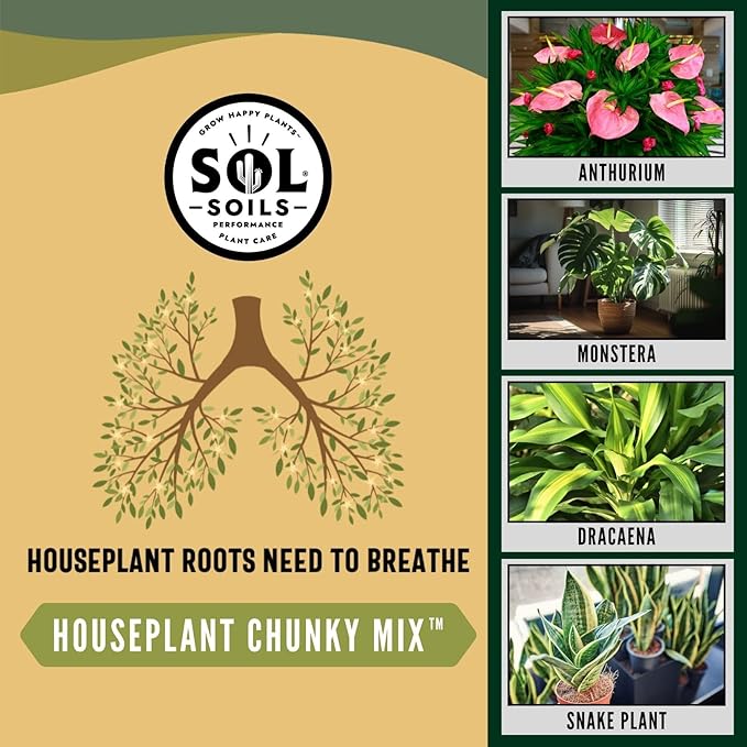 Sol Soils Chunky Houseplant Mix - Fast Draining Soil for Indoor Plants with Coco Coir Chips, Perlite, & Pumice - 1 Quart