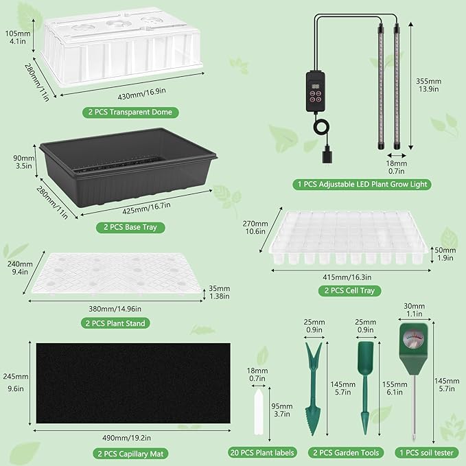 Terronix Indoor Seed Starting Kit with 60-Cell Self-Watering Tray, LED Grow Light, Timer, Humidity Dome, pH Meter for Plant Germination, Vegetables, Herbs, Flowers