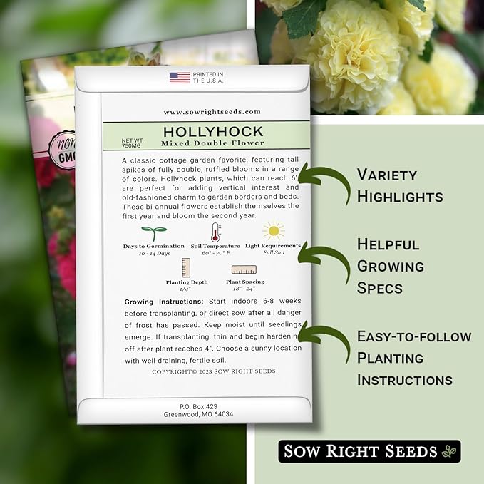 Sow Right Seeds - Double Flower Mixed Hollyhock Seeds for Planting - Non-GMO Heirloom Packet with Instructions to Plant an Outdoor Cottage Garden - Tall Ruffled Mix of Pink, Yellow, Red & White (4)