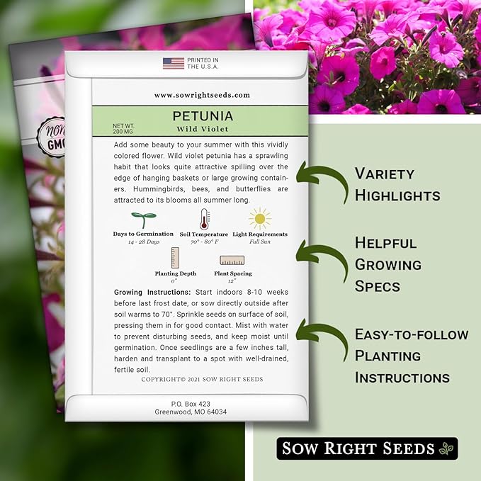 Sow Right Seeds - Petunia Wild Violet Flower Seed for Planting - Beautiful Flowers to Plant in Your Home Garden - Non-GMO Heirloom Seeds - Perfect for Outdoor Hanging Baskets - Great Gardening Gift