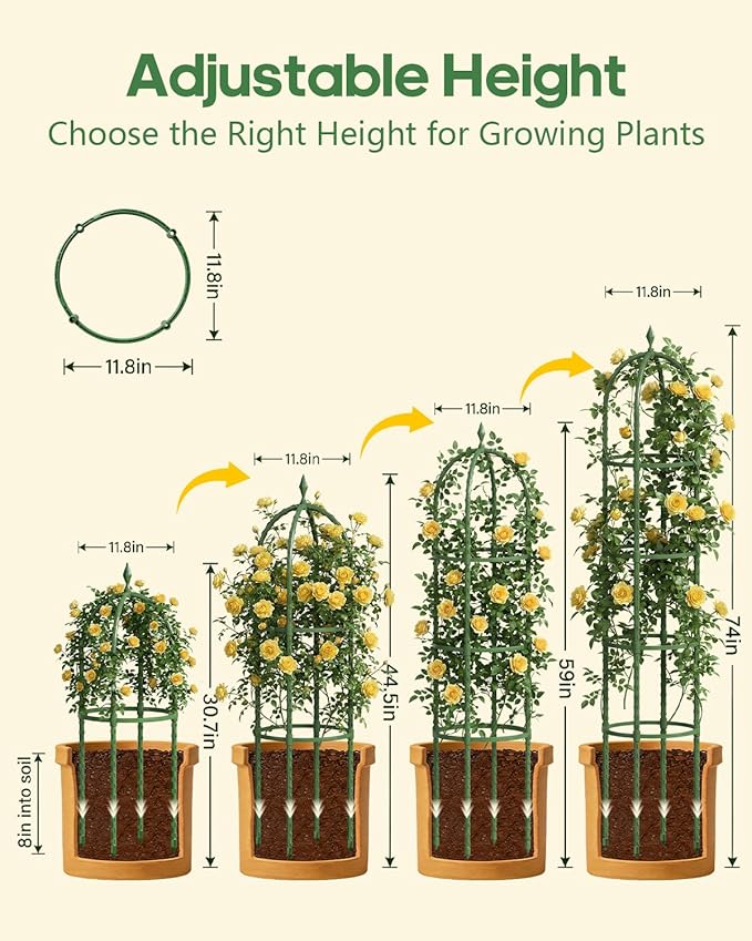 Joyhalo 2 Pack Trellis for Climbing Plants Outdoor, 74 Inch High Adjustable Garden Trellis for Flowers, Green Plastic Coated Steel Plant Stakes Use As Tomato Cage