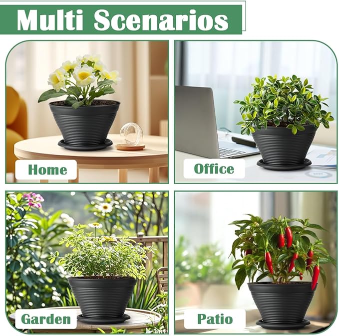 8 Inch Plastic Plant Pots with Saucers 8 Pack, Flower Pots with Drainage Holes, Sturdy Planter Pots for Indoor Outdoor, Modern Decorative Gardening Pots for Planting House Plants, Black