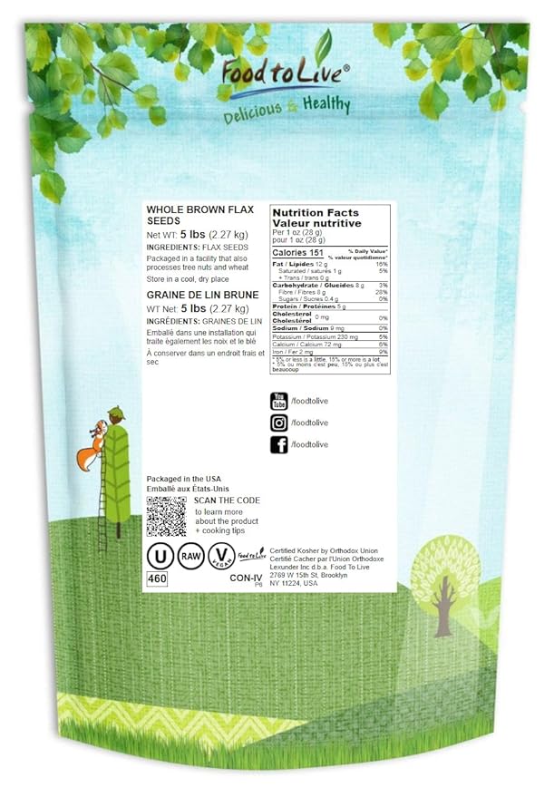 Food to Live - Brown Flax Seeds, 5 Pounds Raw Whole Flaxseed, Kosher, Vegan, Bulk. High Dietary Fiber Food. Rich in Omega-3 Fats. Great for Salads, Baked Goods, Smoothies, Oatmeal, and Yogurt.