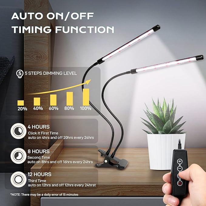 iPower LED Grow Light with Full Spectrum for Indoor Plants, Adjustable Gooseneck, 5 Dimmable Levels, 3 Auto Timing Modes, White