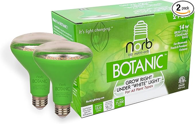 Norb NorbBOTANIC BR30 LED Grow Light – Full-Spectrum Sunlight Bulb for Indoor Plants - 14W Energy-Efficient Grow Lamp for Indoor Houseplants, Herbs, Seedlings & Tropical - E26 Base (2-Pack)