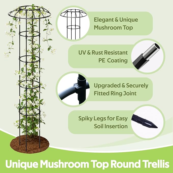 Garden Trellis for Climbing Plants Outdoor - Unique Mushroom Top Round Trellis for Indoor Potted Plant - 64" Tall Rustproof PE Coated Metal Pipe Obelisk Support Ivy Vine Rose Grape Vegetable