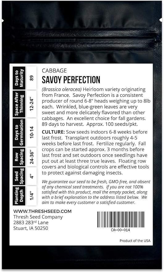 Savoy Perfection Cabbage - 100 Seeds - Heirloom & Open-Pollinated Variety, Non-GMO Vegetable Seeds for Planting Outdoors in The Home Garden, Thresh Seed Company
