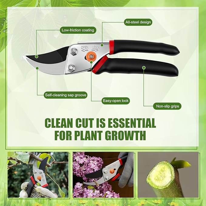 2 Pcs Garden Tool Set - Heavy Duty Pruning Shears & 2-in-1 Hoe Cultivator for Weeding, Digging & Trimming, 5/8-inch Cut Capacity Clippers Gardening Hand Tools for Home and Raised Bed