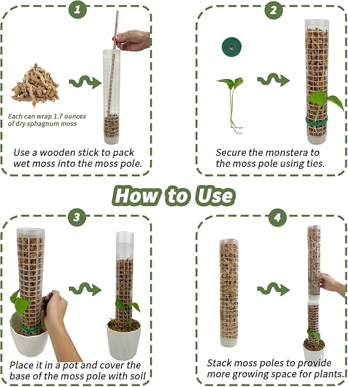 Jegu Self-Watering Moss Pole for Monstera Plant Support, 18.8 Inch Stackable Plastic Moss Pole for Climbing Plants. (4PACK-Large)