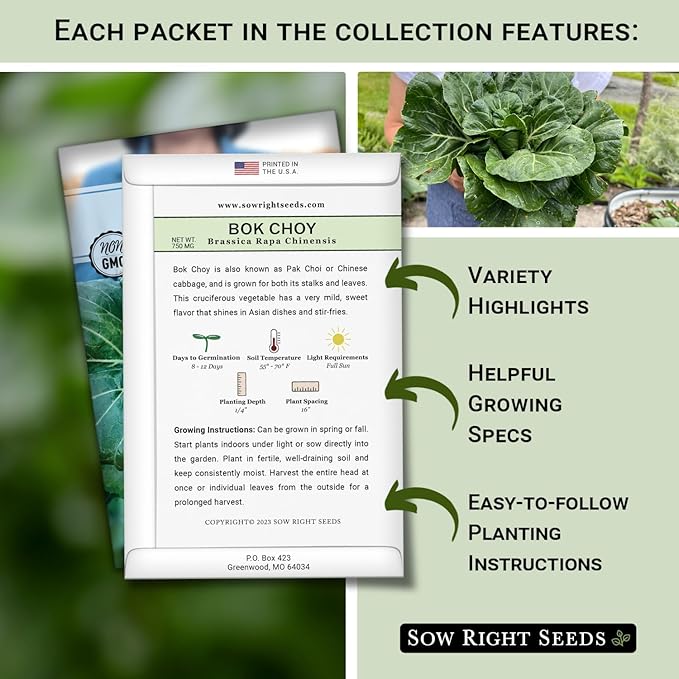 Sow Right Seeds - Asian Garden Seeds for Planting - Includes Basil, Celery, Bunching Onion, Yu Choy Sum, Eggplant, Pepper, Bok Choy, Tat SOI, Radish and Carrot - Non-GMO Heirloom Varieties
