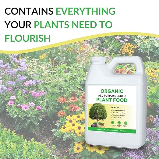 Organic All-Purpose Liquid Plant Food - Use on All Outdoor Plants: Flower Beds, Vegetable Gardens, Container Gardening | Concentrated Liquid Fertilizer Alternative (1 Gallon, Mixes to 128 Gallons)