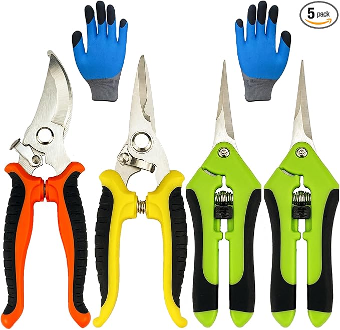 Pruning Shears, 5 Pack Garden Shears with Gardening gloves, Clippers Handheld, Stainless Steel Garden Snips, Lengnoyp Pruners for Gardening