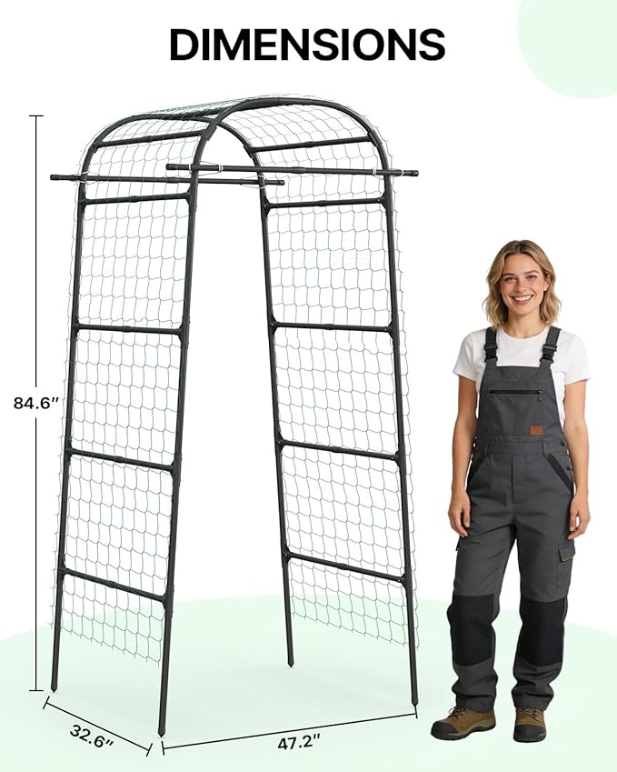 Suteck Garden Arch Cucumber Trellis – 85" Metal Garden Trellis Arch with Nylon Net for Climbing Vegetables, Vertical Plant Support for Raised Beds, Backyards & Patios, Ideal for Home Gardeners