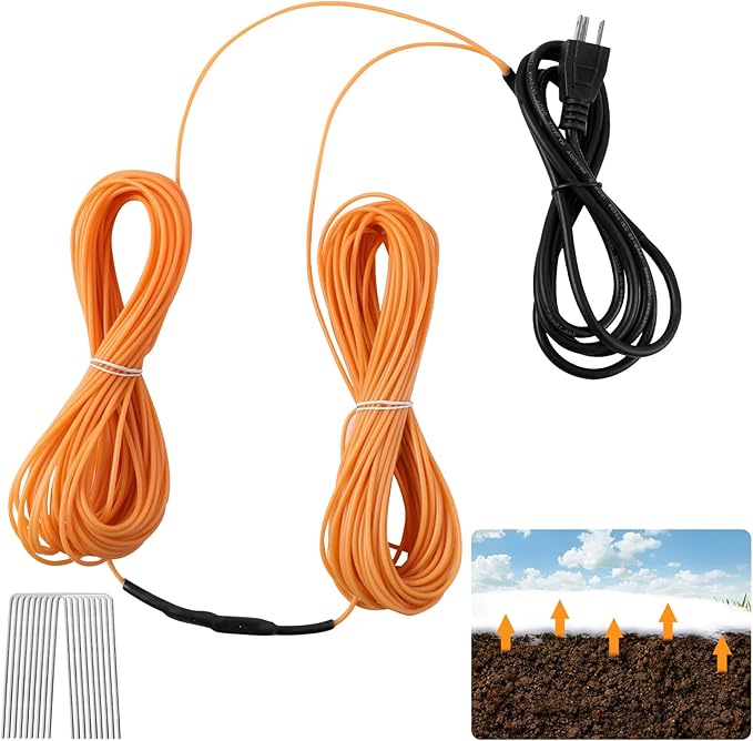 118Ft Soil Heating Cable with Thermostat, Rubber Heated Warming Cable for Seed Starting, Outdoor Greenhouse, Cold Frame & Garden Beds, Plant Root Winter Protection Kit Includes Ground Stakes