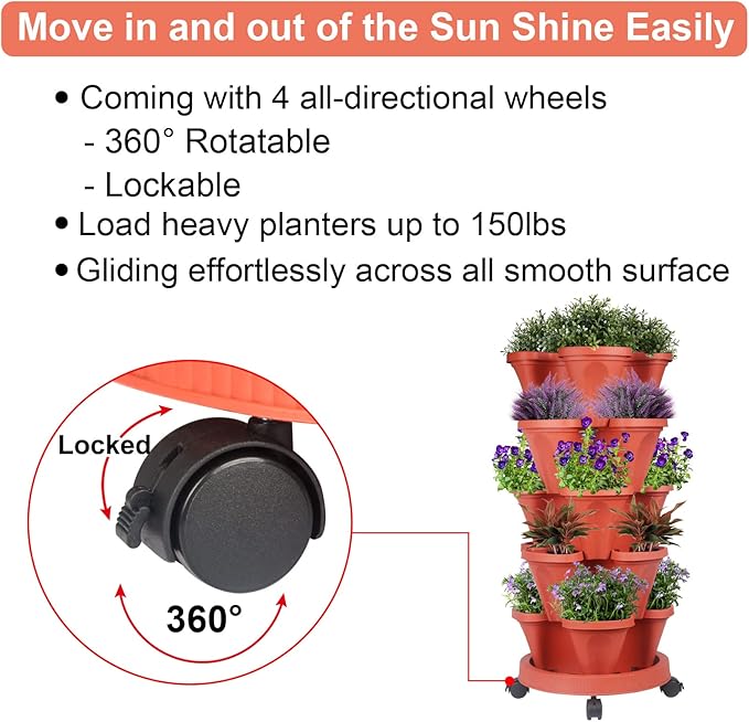 GameXcel Vertical Planter 5 Tier Stackable Planters Garden Planters Strawberry Herb Flower and Vegetable Planter Indoor Outdoor Gardening Pots with Removable Wheels and Tools