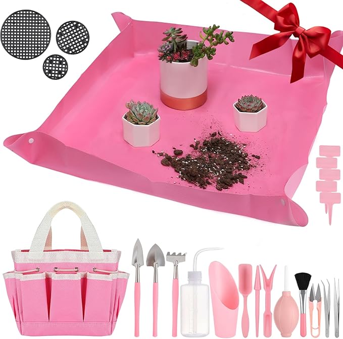 4pcs Small Gardening Tools Gifts for Women Beginners - Garden Hand Tools Set for Indoor Succulent Bonsai Plants Transplanting, Included Bag/Repotting Mat/Shovel/Labels, Pink