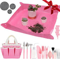 4pcs Small Gardening Tools Gifts for Women Beginners - Garden Hand Tools Set for Indoor Succulent Bonsai Plants Transplanting, Included Bag/Repotting Mat/Shovel/Labels, Pink
