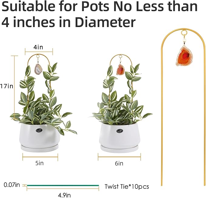 2PCS Small Plant Gold Trellis Indoor, Mini Metal Houseplant Decor Support for Potted Ivy Vine, Boho Garden Decorative Pot Climber with Agate for Climbing Hoya Pothos Philodendron Gift