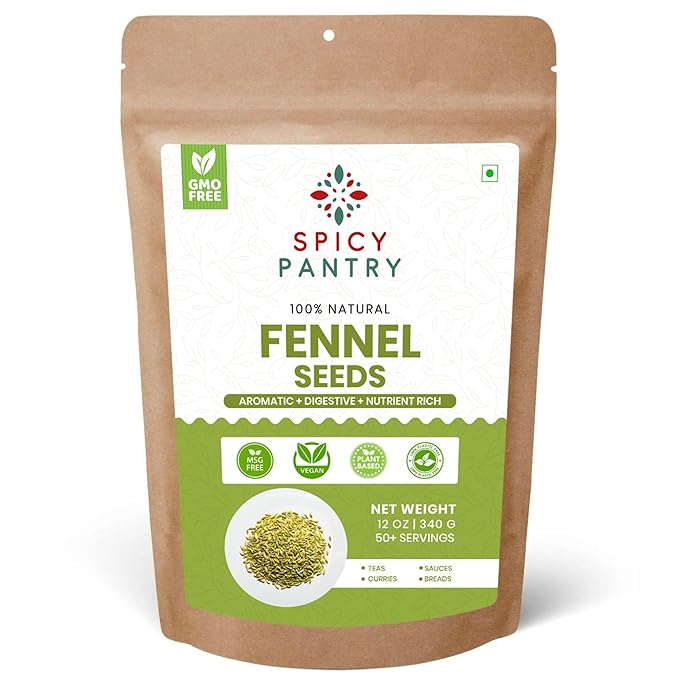 Spicy Pantry Fennel Seeds Whole - Foeniculum vulgare - 100% Natural - Resealable Bag - Great for Tea, Cooking, and Baking - 12 oz