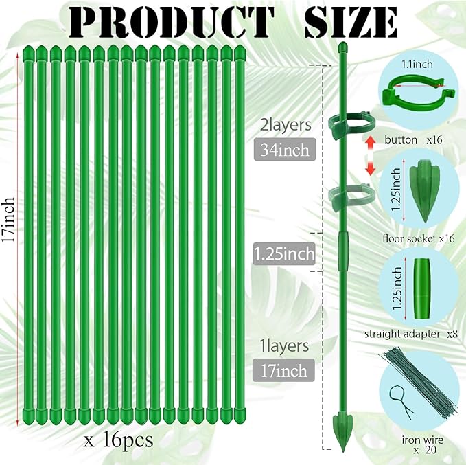16pcs Plant Stakes for Indoor Plants, 15 inch Garden Orchid Sticks Extended to 3ft 4ft 5ft Plant Suport Stakes with Clips for Indoor Monstera Tomato Orchid Potted Plants Flower