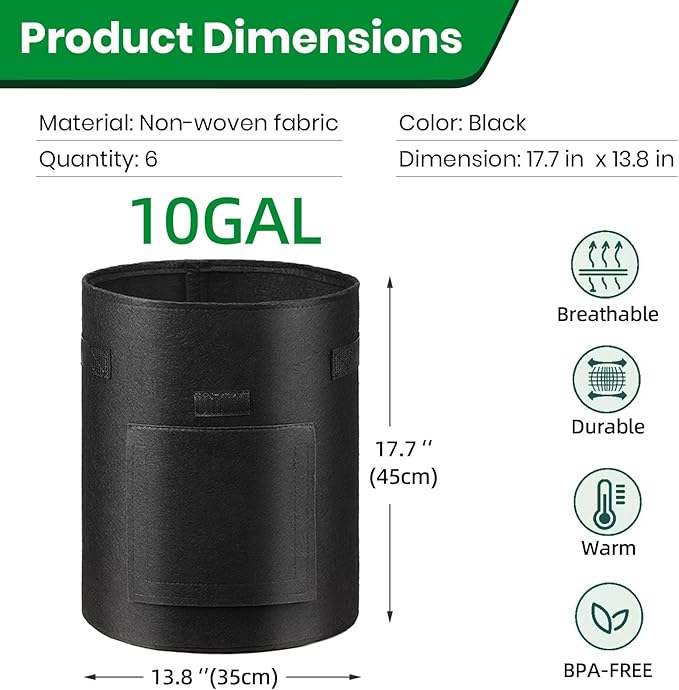 6 Pack Potato Grow Bags, 10 Gallon Planting Bags Large Fabric Pots with Flap Window Vegetable Planter Garden Pot Tall Potato Growing Containers with Handles for Vegetables, Fruits and More, Black