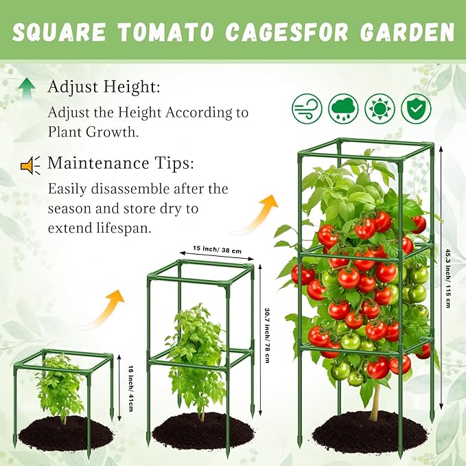 Riare 4 Pack Square Tomato Cages for Garden Plant Support- 45 Inch Heavy Duty Tomato Cage Garden Stakes Tomato Trellis for Climbing Plants Vegetables Flowers Outdoor Indoor
