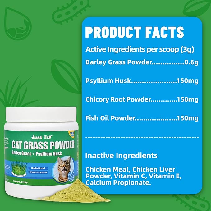Just Try 7OZ Cat Grass Powder Feline Grass Treats Cat Suppluments Hairball Treatment for Cats Cat Hairball Remedy Gut Health Cat Treats Healthy