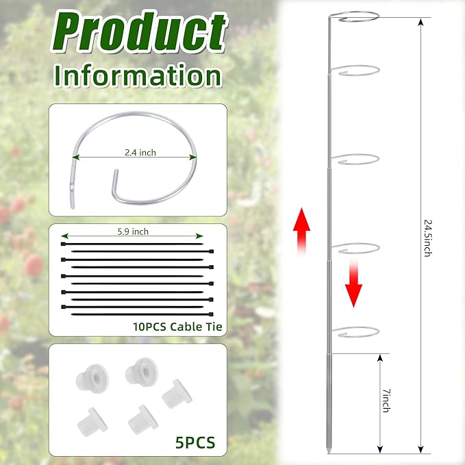 5 Pack Extendable Metal Plant Stakes, 7IN to 24.5IN Adjustable Monstera Plant Supports with Cable Tie Indoor Outdoor Plant Holder Sticks for Monstera Orchids Tomatoes Vines