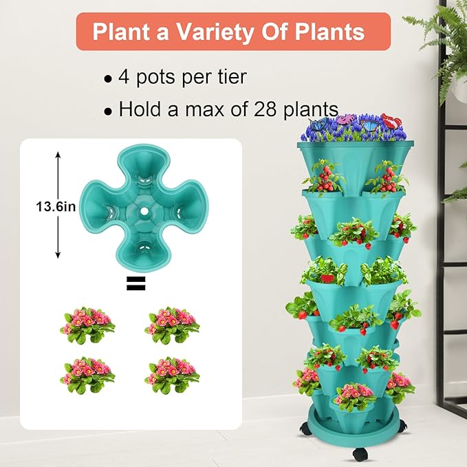 DUNCHATY Stackable Vertical Garden Planter with Tool Set, Self Watering 7 Tier Herb Planter for Indoor/Outdoor Growing, Teal