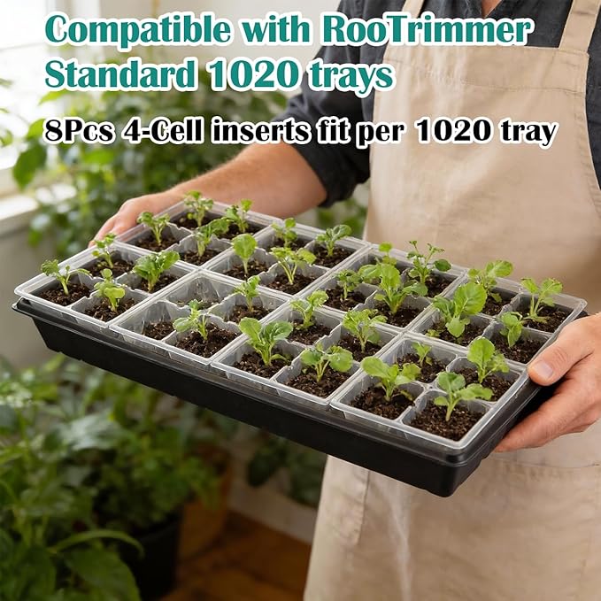 RooTrimmer 5 Pack Heavy Duty 1020 Trays and 40 Pack Clear 4 Cell Seed Starter Trays with Drainage Holes - Reusable Seed Starter Kit for Seed Germination & Plant Propagation (5 Sets)