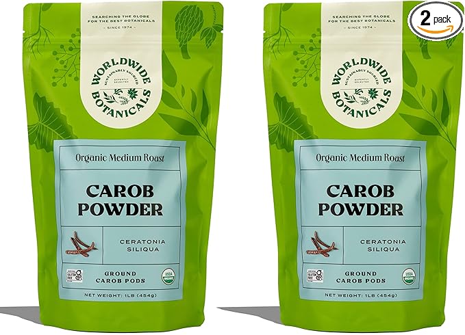 Worldwide Botanicals Organic Carob Powder, Medium Roast – 1 lb – Caffeine Free Cocoa Alternative – Low Fat Super Food with Natural Sweetness– Gluten Free, Kosher, 16 ounces, Pack of 2