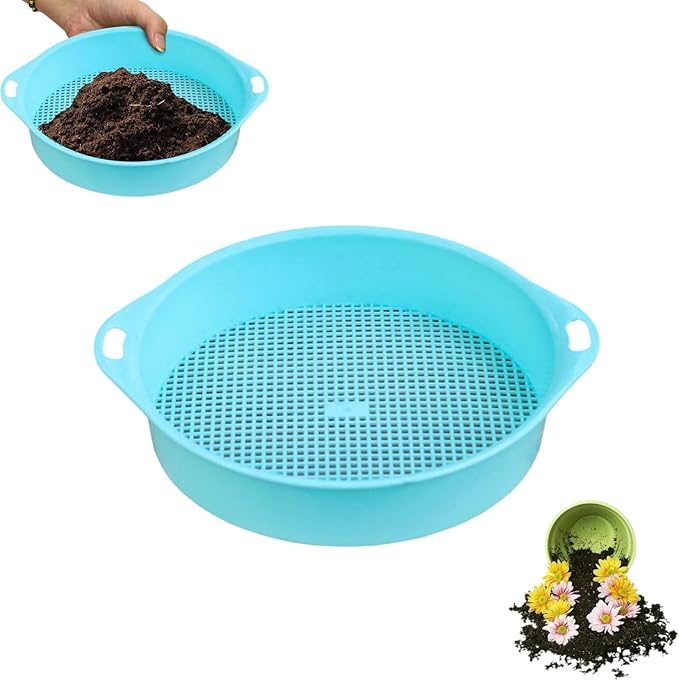 Round Garden Soil Sieve Pan, Gardening Sand Soil Compost Sifter 3mm Tetragonum Hole Soil Sifter Screen Filtering Earth and Stone Tools for Sieve Work of Small Gravel, Soil, Sand(Blue)