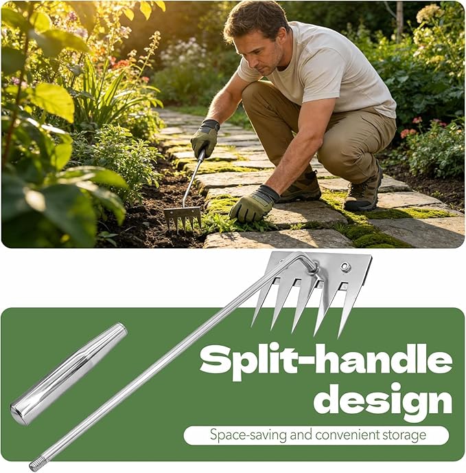 Weed Puller Tool, 2026 Portable Manual Weeding Tools Gardening, 5 Teeth Head Stainless Steel Hand Garden Weeding Rake, Weed Remover Tool for Gardening Backyard Yard Farm Planting Weeding