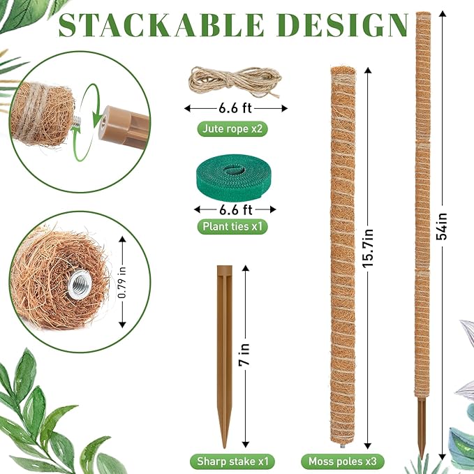 54 Inch Moss Pole, 3 Pack 16 Inch Moss Poles Monstera Plant Support, Moss Poles for Climbing Plants Indoor, Coir Plant Pole Sticks Support Stakes for Potted Plants, Pothos, Philodendron