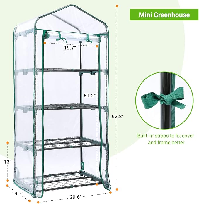 Mini Greenhouse for Outdoors Indoor: 27 x 19 x 62-Inch Ohuhu Small Green House with 4 Tier Shelves, Portable Plastic Greenhouses with Heavy Duty Transparent PVC Cover for Seedling Patio Porch Balcony
