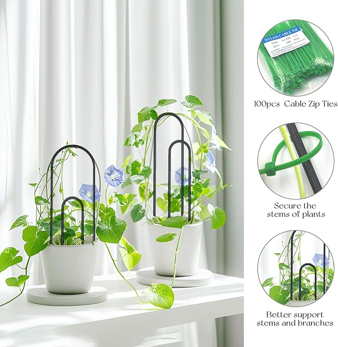 SNAIL GARDEN 8 Pcs Small Trellis for Indoor Plants with 100Pcs Green Cable Zip Ties,4 Sizes Indoor Plant Trellis for Climbing Plants, U-Shaped House Plant Trellis for Potted Plants Hoya Ivy, Jasmine