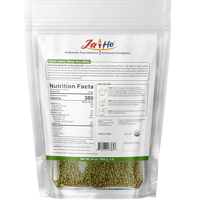 Jai Ho Certified Organic Moong 4 lb - Mung Beans Whole for Sprouting and Cooking - USDA Organic | Non-GMO | Chemical-Free | Premium Quality Kosher | (Whole Moong (Mung Bean))