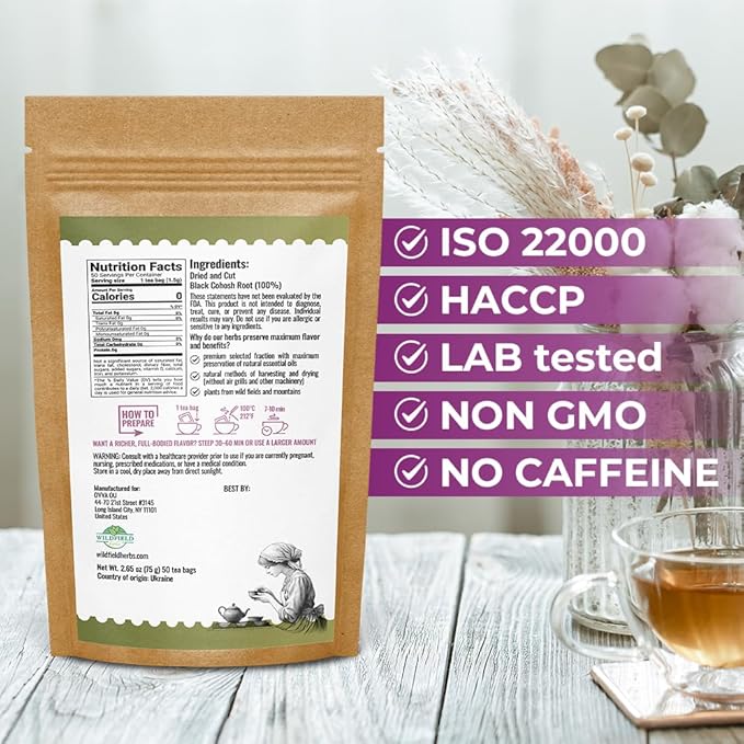 50 bags Black Cohosh Tea Black Cohosh Root Herbal Tea (Actaea racemosa) - 50 Count 2 g Tea Bags Herb Tea Cohosh